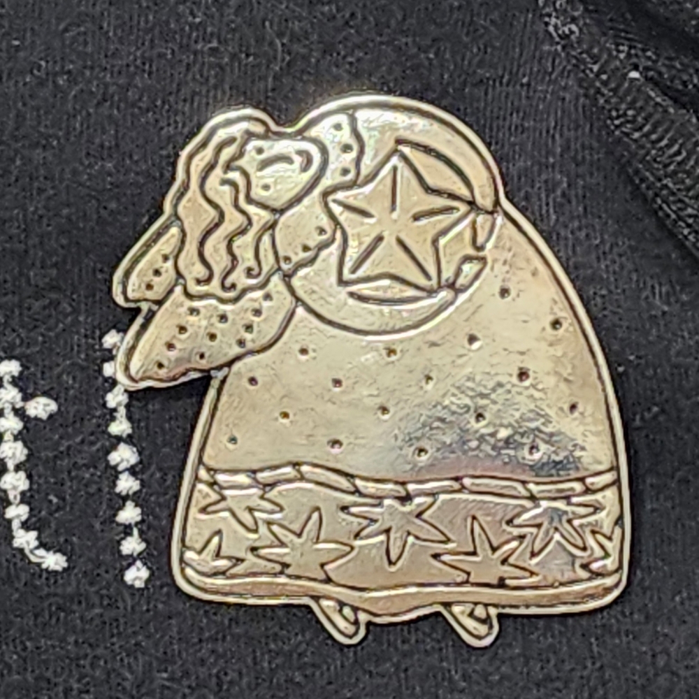 Vintage Silver Tone Angel Sheep Brooch Folk Art Christmas Star Pin